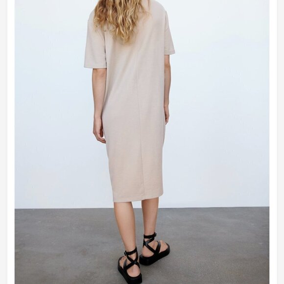 ZARA Oversized Taupe Short Sleeve Casual Midi Tunic Dress US L - Picture 2 of 8